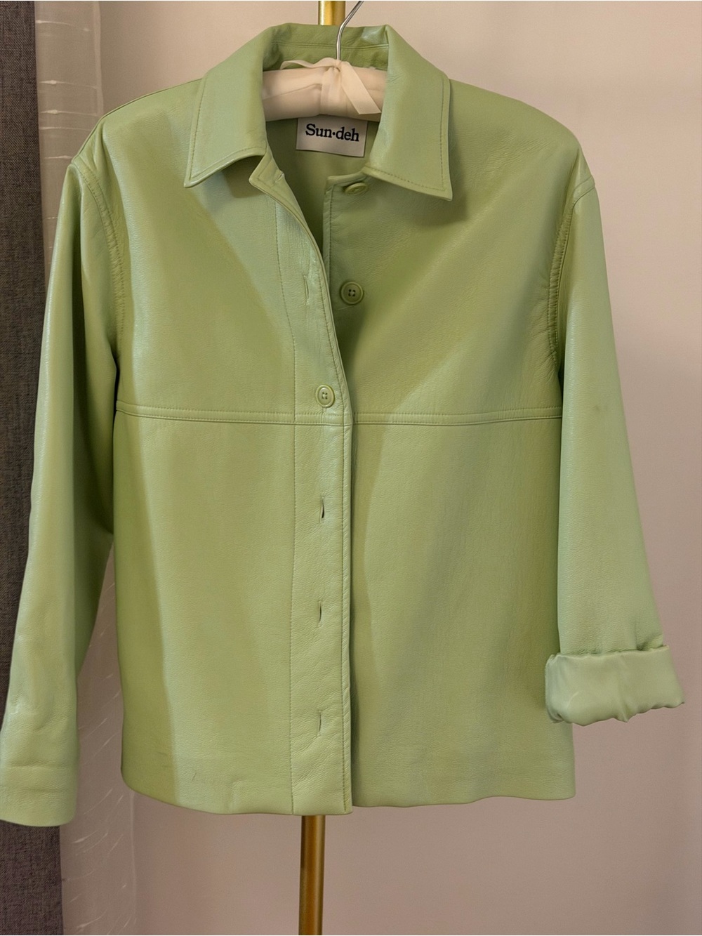 Pastel Green Leather Button-Front Blazer